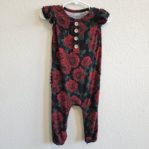 Little Bum Bums Rose Floral Flutter Sleeve Bamboo Blend One Piece Sleeper 9-12M - Picture 2 of 5